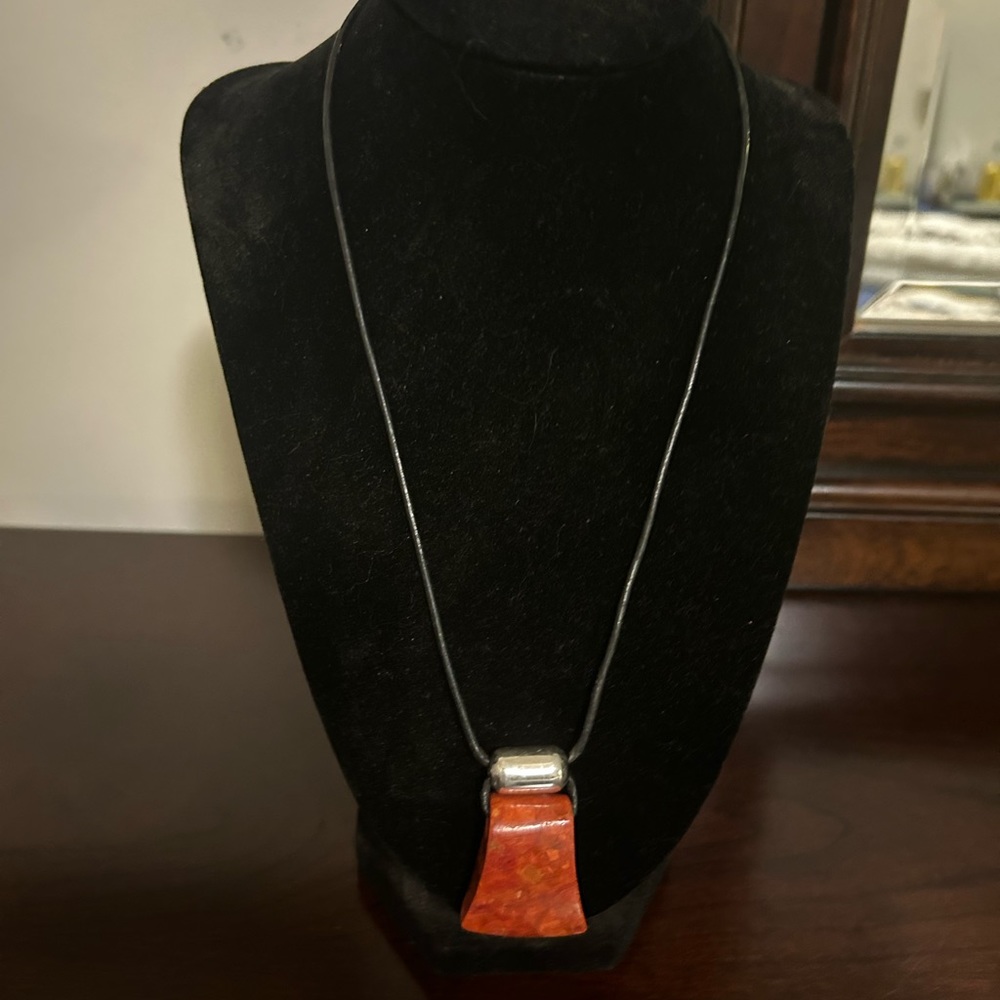 Retired Silpada Huge Chunk Coral Nugget black leather necklace